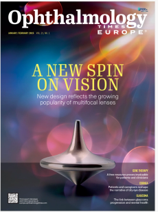 The cover of Ophthalmology Times Europe January/February 2025. There is a top on the cover, and the headline says, "A New Spin on Vision."
