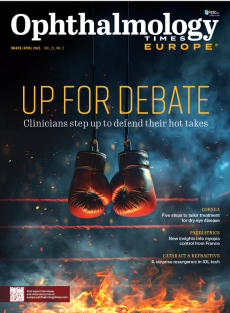 The cover of Ophthalmology Times Europe March/April 2025. The cover says UP FOR DEBATE: Clinicians step up to defend their hot takes. The cover image is a pair of boxing gloves over an open flame.