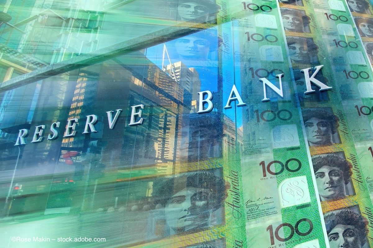 A glass building with a sign reading "RESERVE BANK." There are $100 Australian bank notes superimposed over the image. Concept image for Mirugen funding, cell reprogramming biologic biotech business of retina care news. Image credit: ©Rose Makin – stock.adobe.com