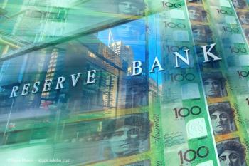 A glass building with a sign reading "RESERVE BANK." There are $100 Australian bank notes superimposed over the image. Concept image for Mirugen funding, cell reprogramming biologic biotech business of retina care news. Image credit: ©Rose Makin – stock.adobe.com