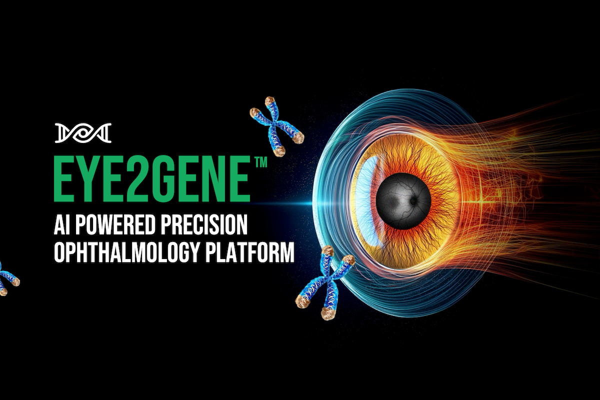 The logo for Eye2Gene, an artificial-intelligence powered ophthalmology diagnostic platform for inherited retinal disease, shows DNA helix imagery and an eye. Image credit: Heidelberg Engineering