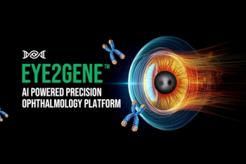 The logo for Eye2Gene, an artificial-intelligence powered ophthalmology diagnostic platform for inherited retinal disease, shows DNA helix imagery and an eye. Image credit: Heidelberg Engineering