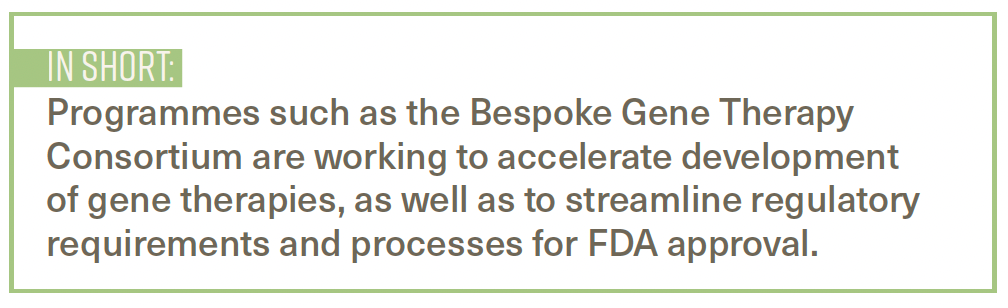 Programmes such as the Bespoke Gene Therapy Consotium are working to accelerate development of gene therapies, as well as to streamline regulatory requirements and processes for FDA approval