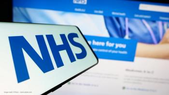 The National Health Service (NHS) logo on a phone, held in front of the NHS website on a computer. Concept image for UK cataract surgery pilot programme, NHS Tayside and Lutra Health collaboration. Image credit: ©Timon – stock.adobe.com