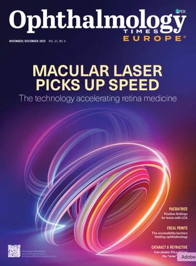 The cover of the November/December 2025 edition of Ophthalmology Times Europe. The headline reads "Macular Laser Picks Up Speed." The subheadline is "The technology accelerating retina medicine." The image shows a swirling band of laser beams in multiple colors. 