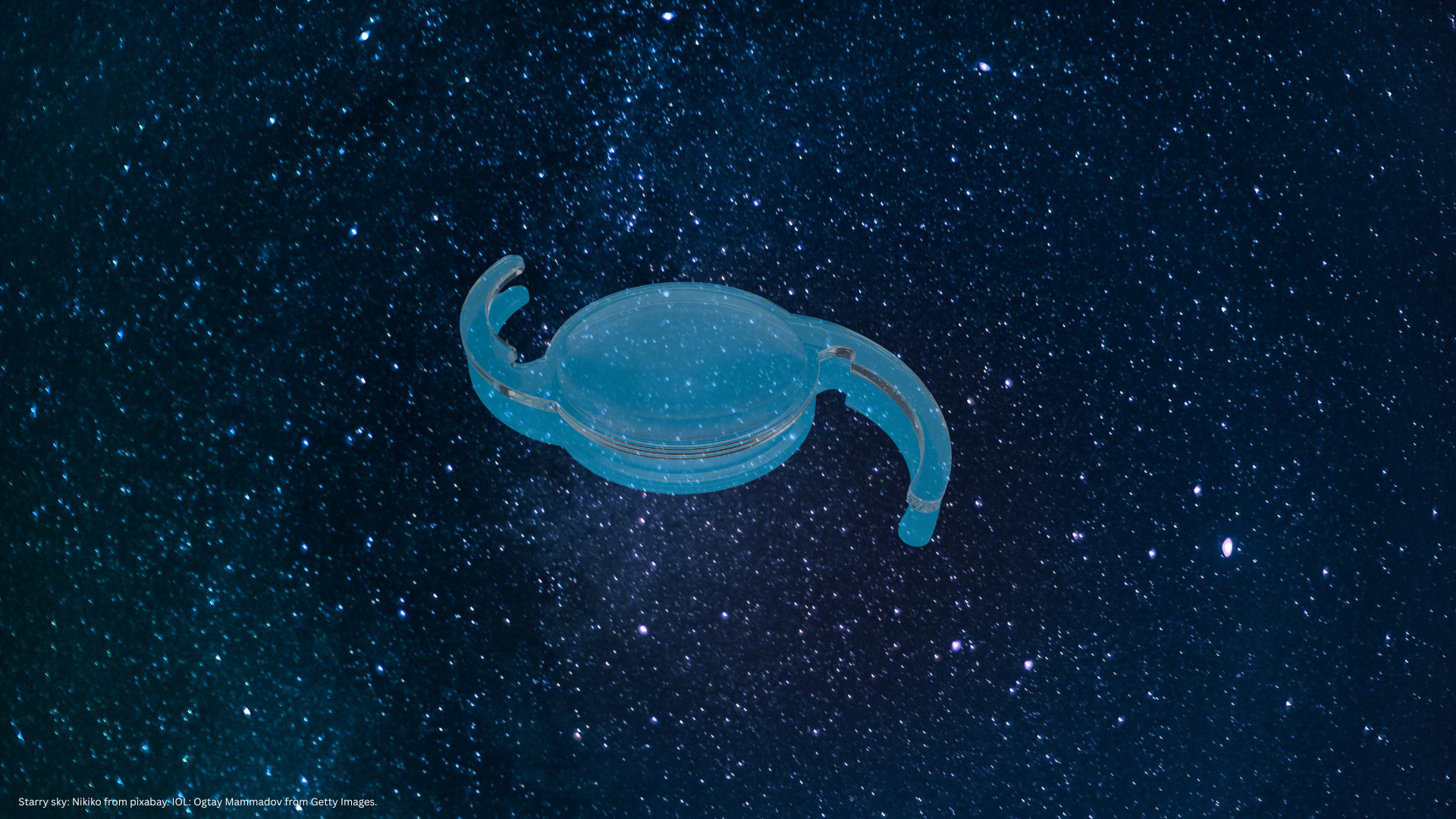 An intraocular lens (IOL) superimposed over a night sky. Concept image for Biotech Healthcare ESCRS launch of Optiflex XTENSE Comfort Plus EDOF IOL. Image credit: Starry sky: Nikiko from pixabay. IOL: Ogtay Mammadov from Getty Images.
