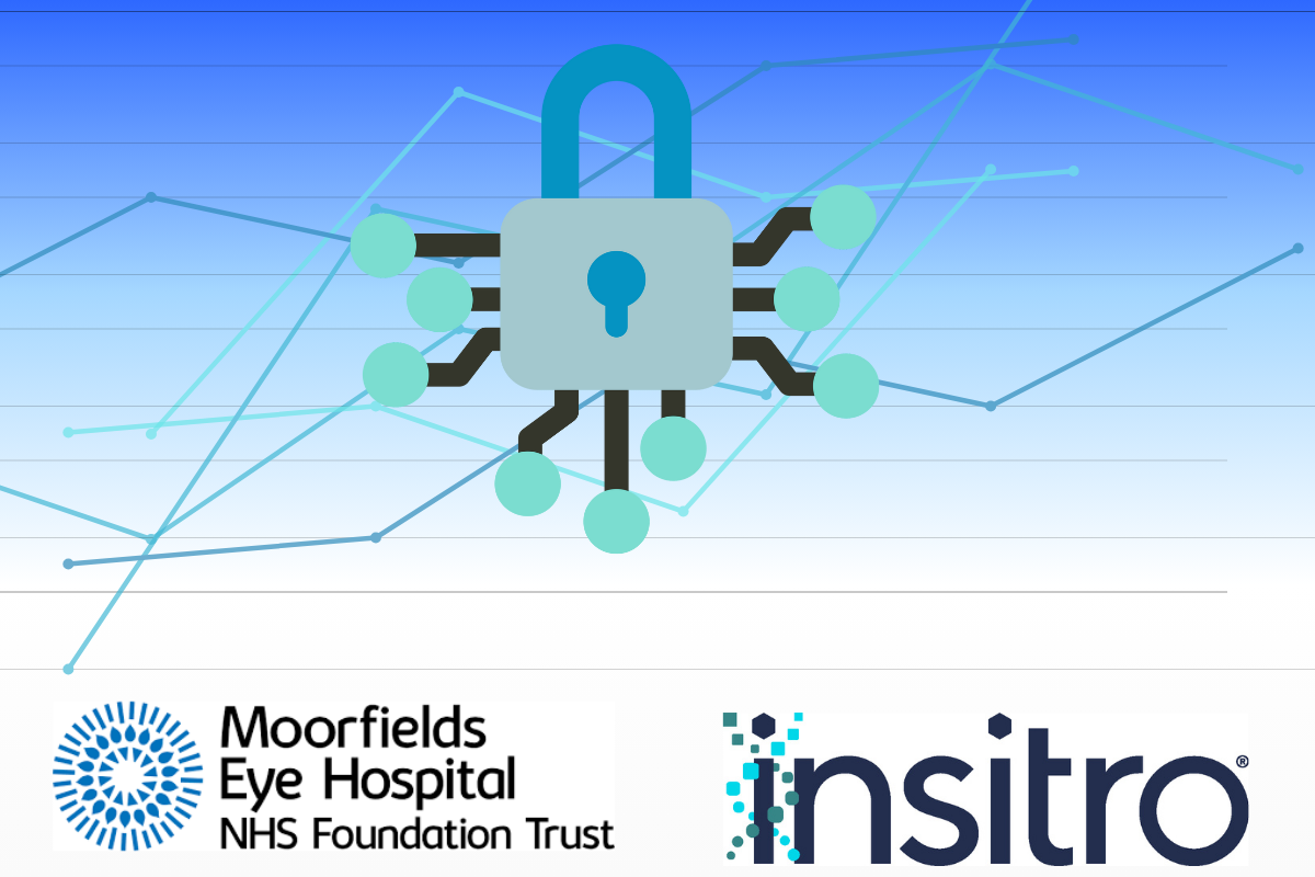 The Moorfields Eye Hospital NHS Foundation Trust logo courtesy NHS Foundation Trust. Insitro logo courtesy Insitro. Lock and data point assets created with Canva.