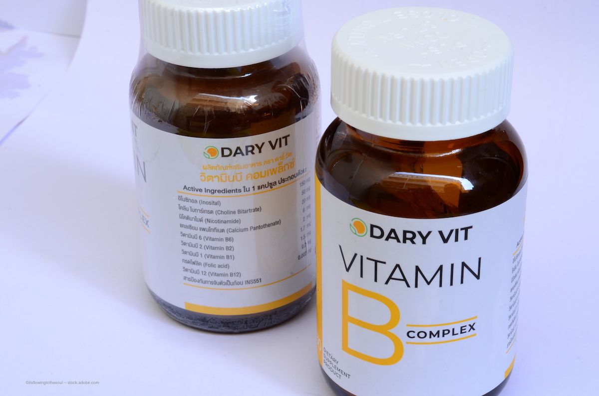 An image of two containers of vitamin B supplements. Concept image for choline, b6, b9 and b12 vitamins in neuroprotection for glaucoma. ©itsflowingtothesoul – stock.adobe.com