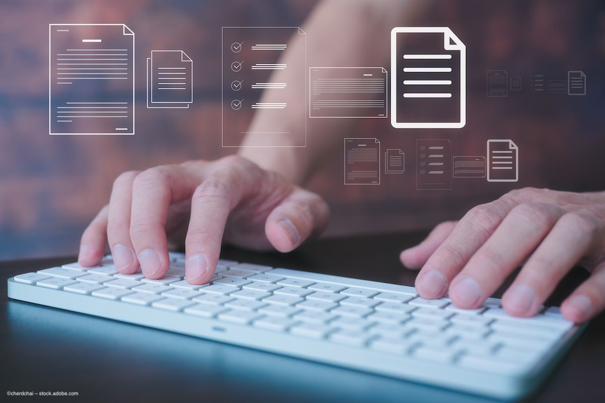 A person typing on a computer keyboard as icons representing documents and papers. Research paper publication concept image. Image credit: ©cherdchai – stock.adobe.com