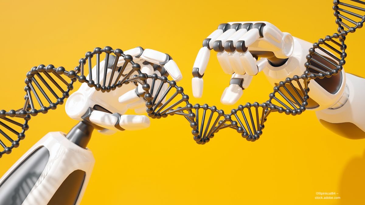 Robotic hands untangle a ladder of genetic material, represented by a DNA helix, against a yellow background. Image credit: ©fitpinkcat84 – stock.adobe.com