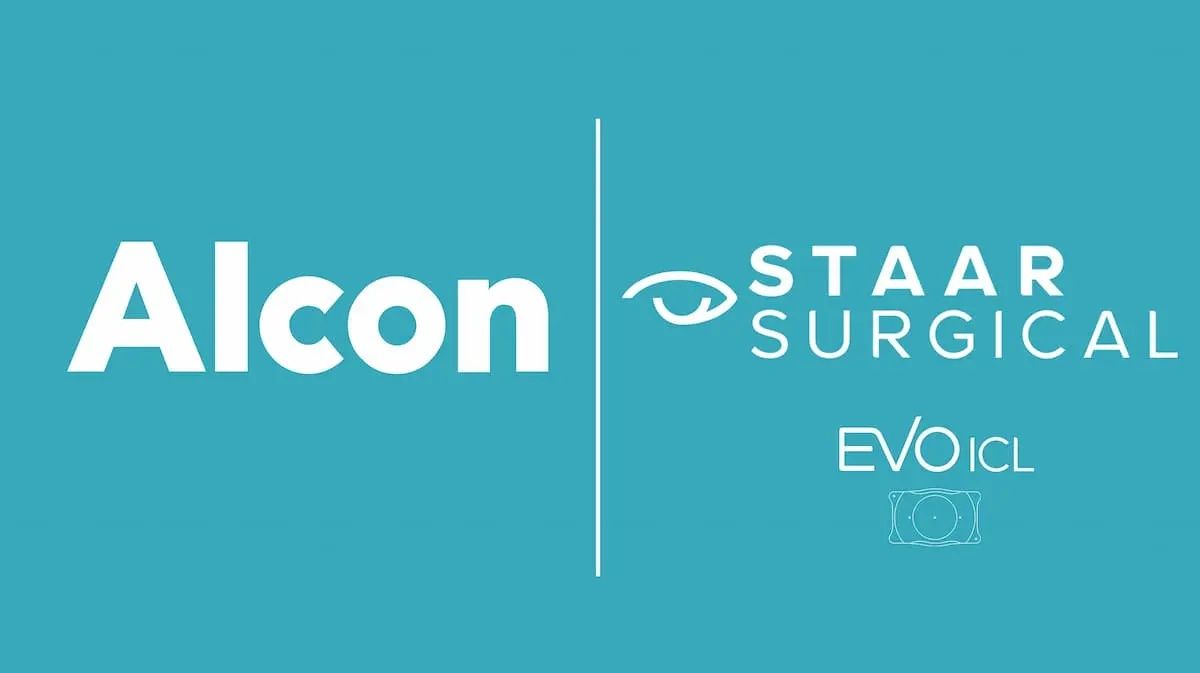 Logos for Alcon, STAAR Surgical and the EVO ICL, on a turquoise background. Images courtesy of Alcon and STAAR Surgical.