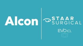 Logos for Alcon, STAAR Surgical and the EVO ICL, on a turquoise background. Images courtesy of Alcon and STAAR Surgical.