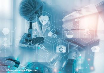 A doctor looks into a microscope with a digital output of figures and numbers superimposed over her.  Image credit: ©Teerayut – stock.adobe.com
