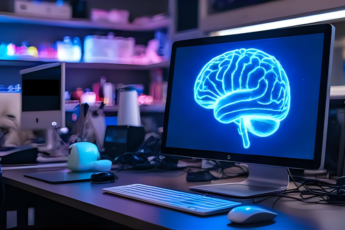 A computer screen with a lit-up brain on it. The computer is in a laboratory. Concept image of AI artificial intelligence use in glaucoma diagnosis and treatment.
