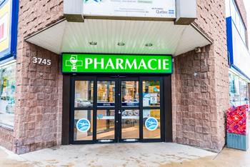 A pharmacy in Montreal, Quebec, its "pharmacie" sign in French. Concept image for RAMQ approval of Vabysmo faricimab injection roche for macular oedema secondary to retinal vein occlusion.  Image credit: ©Andriy Blokhin – stock.adobe.com
