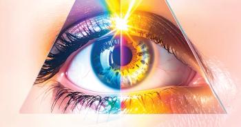 The cover of the September/October 2025 edition of Ophthalmology Times Europe, titled In Living Colour: A new direction for therapeutic keratopigmentation. The image shows a person's eye behind a prismatic triangle of rainbow colours. The rainbow changes the person's eye colour from a deep blue to a greyish green, representing therapeutic and cosmetic keratopigmentation, or KTP..
