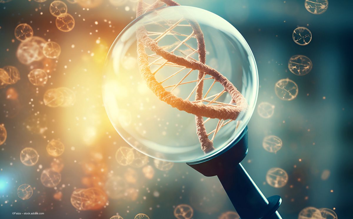 A strand of DNA is examined in a magnifying bubble. AI-generated image. Image credit: ©Faiza – stock.adobe.coma