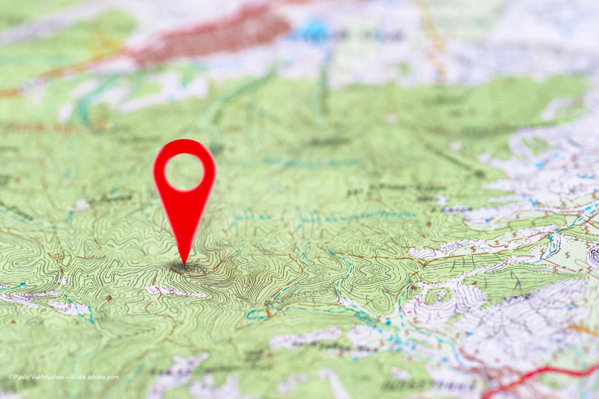 A small icon pinpoints a particular location on a map. Concept image for article titled "pinpointing a first-line treatment for glaucoma." Ophthalmology article, glaucoma laser treatment concept. Image credit: ©Pavlo Vakhrushev – stock.adobe.com