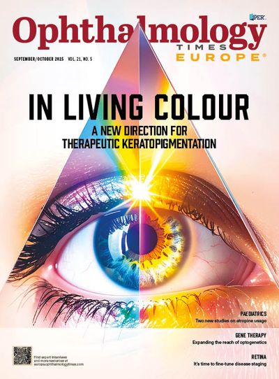 The cover of the September/October 2025 edition of Ophthalmology Times Europe. The headline reads "In Living Colour: A new direction for therapeutic keratopigmentation." The image shows a person's eye behind a prismatic triangle of rainbow colours. The rainbow changes the person's eye colour from a deep blue to a greyish green.
