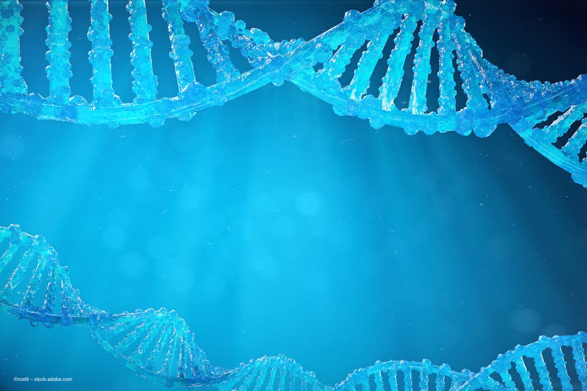 Two illustrated DNA helices on a blue background. Image credit: ©rost9 – stock.adobe.com