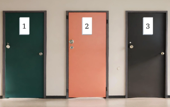 Three doors, green, orange and brown, with the numbers 1, 2 and 3 on them. Image created with Canva AI. 