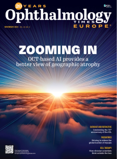 The November 2024 cover for Ophthalmology Times Europe. It features a horizon at sunrise, or sunset, with clouds breaking through clouds up in the air. The cover story is called "ZOOMING IN: OCT-based AI provides a better view of geographic atrophy."
