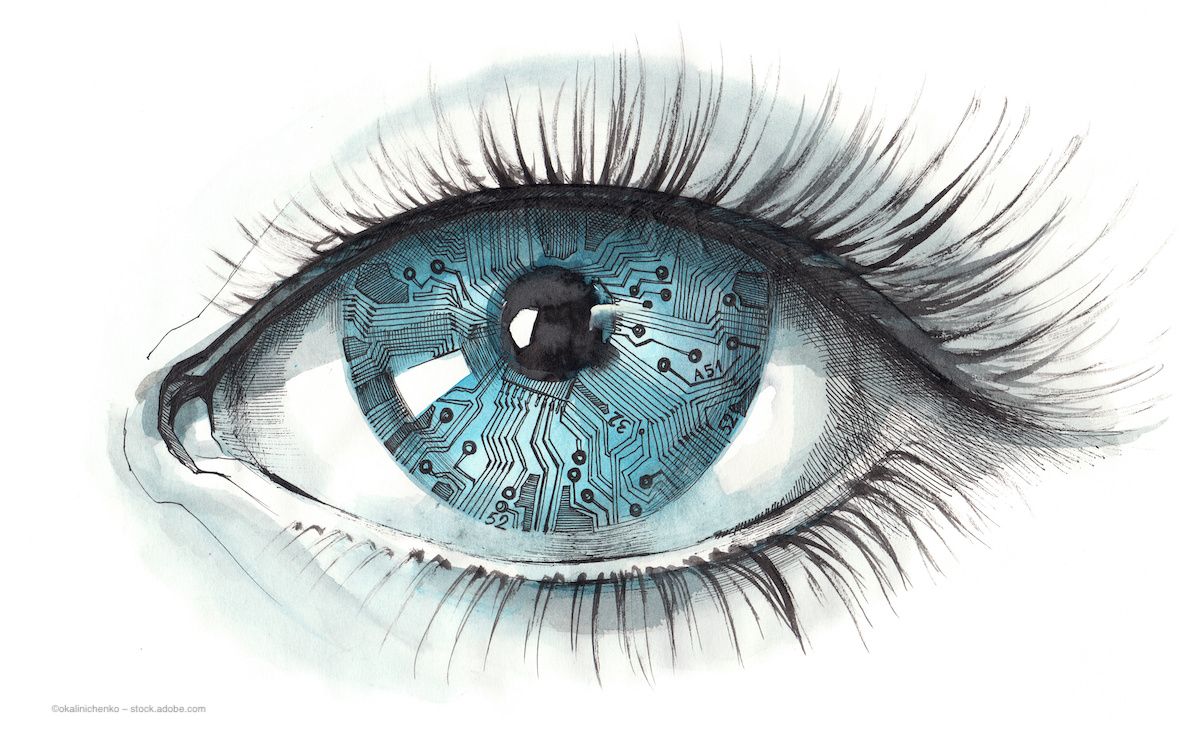 An illustration of an eye with computer chip in the iris. Concept image for artificial intelligence (AI), AI-READI project, fluorescence lifetime imaging ophthalmoscopy (FLIO) and retinal imaging. Image credit: ©okalinichenko – stock.adobe.com