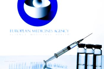 A syringe and containers of liquid in front of the European Medicines Agency logo. Concept image for aflibercept Eylea EMA approval. Image credit: ©SoniaBonet – stock.adobe.com