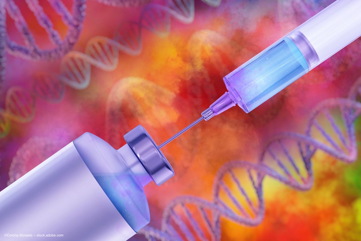 Syringe in front of DNA helix strands. Concept image for gene therapy for retinal diseases including retinitis pigmentosa and Stargardt Disease. Image credit: ©Corona Borealis – stock.adobe.com
