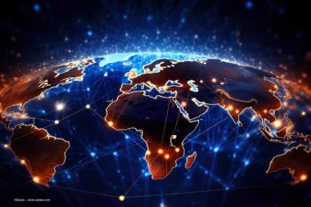 A digitally-rendered image of the earth, with lights representing digital data points all over the globe. Image credit: ©Elaine – stock.adobe.com