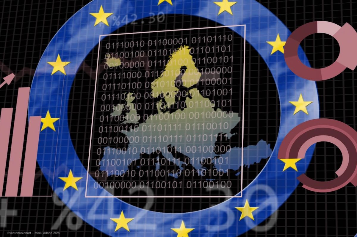 A map of Europe, and a circular frame patterned with the European Union flag, superimposed over binary code, numbers and charts. Concept image for commercialisation licensing business agreement of European pharmaceutical, EMEA ranibizumab biosimilar. Image credit: ©vectorfusionart – stock.adobe.com