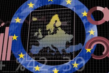 A map of Europe, and a circular frame patterned with the European Union flag, superimposed over binary code, numbers and charts. Concept image for commercialisation licensing business agreement of European pharmaceutical, EMEA ranibizumab biosimilar. Image credit: ©vectorfusionart – stock.adobe.com