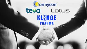 A black-and-white photo of a handshake with the logos for Formycon, Klinge Biopharma, Lotus Pharmaceutical and Teva over them.