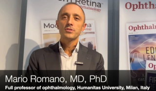 Mario Romano, MD, PhD, stresses the importance of thermodynamic control in vitrectomy during the 2025 European Society of Retina Specialists meeting. Photo shows Prof Romano on-camera at the Ophthalmology Times Europe and Modern Retina booth during EURETINA.