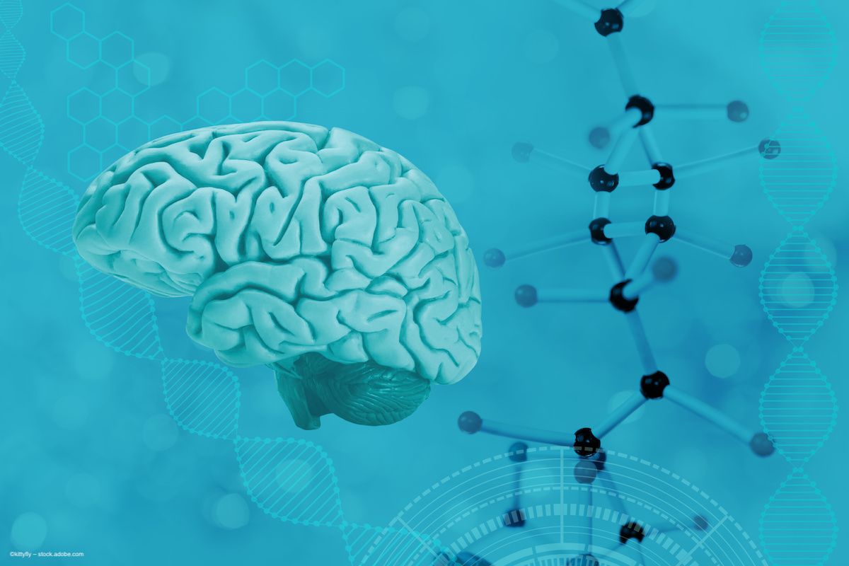 An illustration of a brain, and a superimposed image of molecular structure and genetic helixes, all in green/blue. Image credit: ©kittyfly – stock.adobe.com