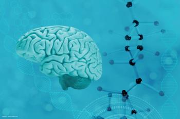 An illustration of a brain, and a superimposed image of molecular structure and genetic helixes, all in green/blue. Image credit: ©kittyfly – stock.adobe.com