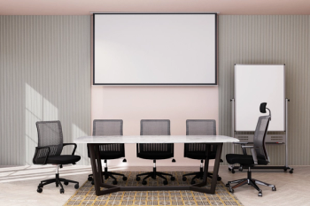 A photo of a boardroom with a presenter's projector screen, and easel, and many chairs. Concept image for Beth Marsh appointed CCO chief commercial officer of Neurotech Pharmaceuticals, ophthalmic industry news update. Image credit: ©nnpp's Images – canva.com