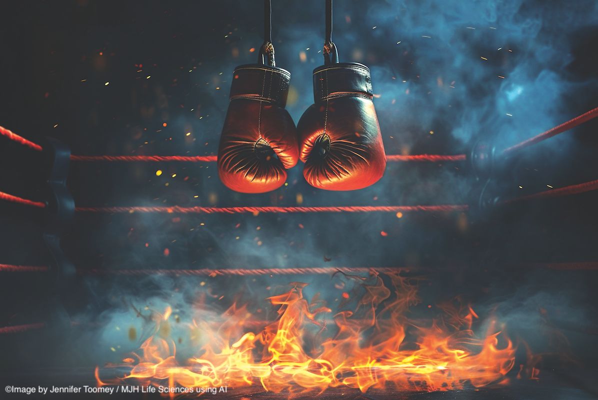 An image of boxing gloves in a ring, hanging over an open flame. ©Image by Jennifer Toomey / MJH Life Sciences using AI