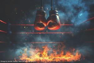 An image of boxing gloves in a ring, hanging over an open flame. ©Image by Jennifer Toomey / MJH Life Sciences using AI