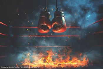 An image of boxing gloves in a ring, hanging over an open flame. ©Image by Jennifer Toomey / MJH Life Sciences using AI