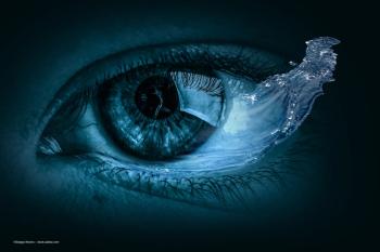 A blue eye with a large splash of blue liquid coming out of it. Vitreoretinal surgery ILM dye stain concept. Image credit: ©Sergey Nivens – stock.adobe.com