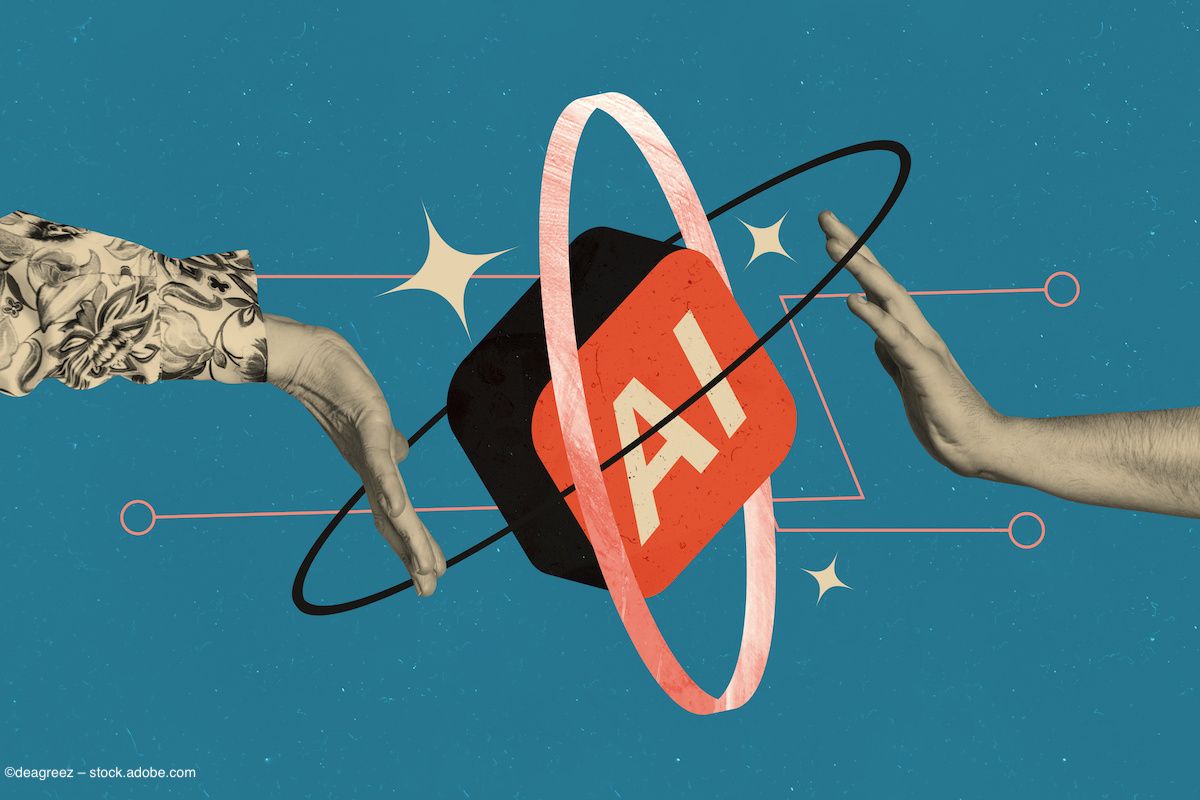 Two hands reach towards a logo which says "AI," for artificial intelligence. Concept image for AI screenings for neovascular age-related macular degeneration. Image credit: ©deagreez – stock.adobe.com