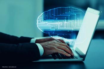 A person types on a computer. An AI brain is over the screen. Concept image for artificial intelligence, therapy planning assistant system, TPS, Europe, CE mark. Image credit: ©New Africa – stock.adobe.com