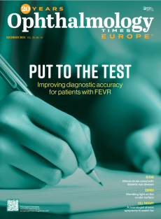 The cover of Ophthalmology Times Europe December 2024. A person holding a pencil marks a page. The cover story is titled, "Put to the test: Improving diagnostic accuracy for patients with FEVR"