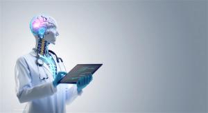 A robot with a lab coat on consults a clipboard. Image credit: ©catalin – stock.adobe.com