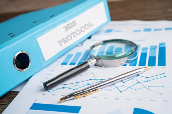 A binder labeled "2025 protocol" sits on a pile of papers, graphs and information. Concept image for glaucoma consensus group and interventional glaucoma research findings. Image credit: ©sasirin pamai via Canva.