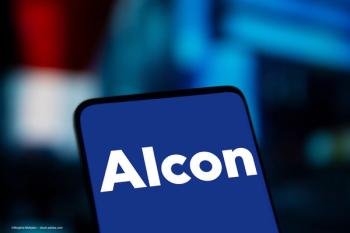 A phone with the Alcon logo on it, visible against another digital background. Concept image for Alcon company acquisition of Aurion Biotech. Image credit: ©Mojahid Mottakin – stock.adobe.com