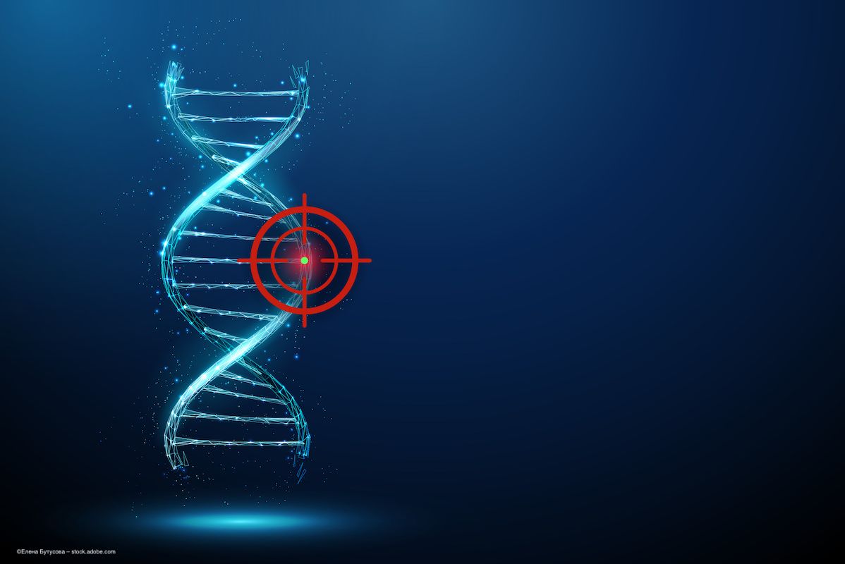 An illustration of a genetic DNA helix with a red target on it. ©Елена Бутусова – stock.adobe.com