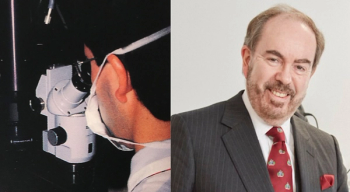 On the left, David Gartry performing the very first excimer laser PRK treatment in the UK in November 1989; on the right, Prof Gartry in 2025. Both images courtesy of Moorfields.