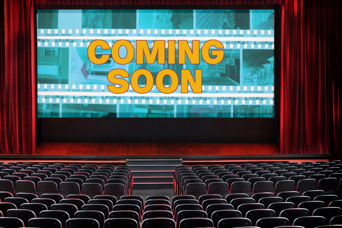 A movie theatre with empty seats. The screen has reels of film negatives, with a blue tint, and the words "Coming Soon" in large yellow letters. Image credit: Created with Canva. Components via Photology2000 and Ron Lach, Pexels.